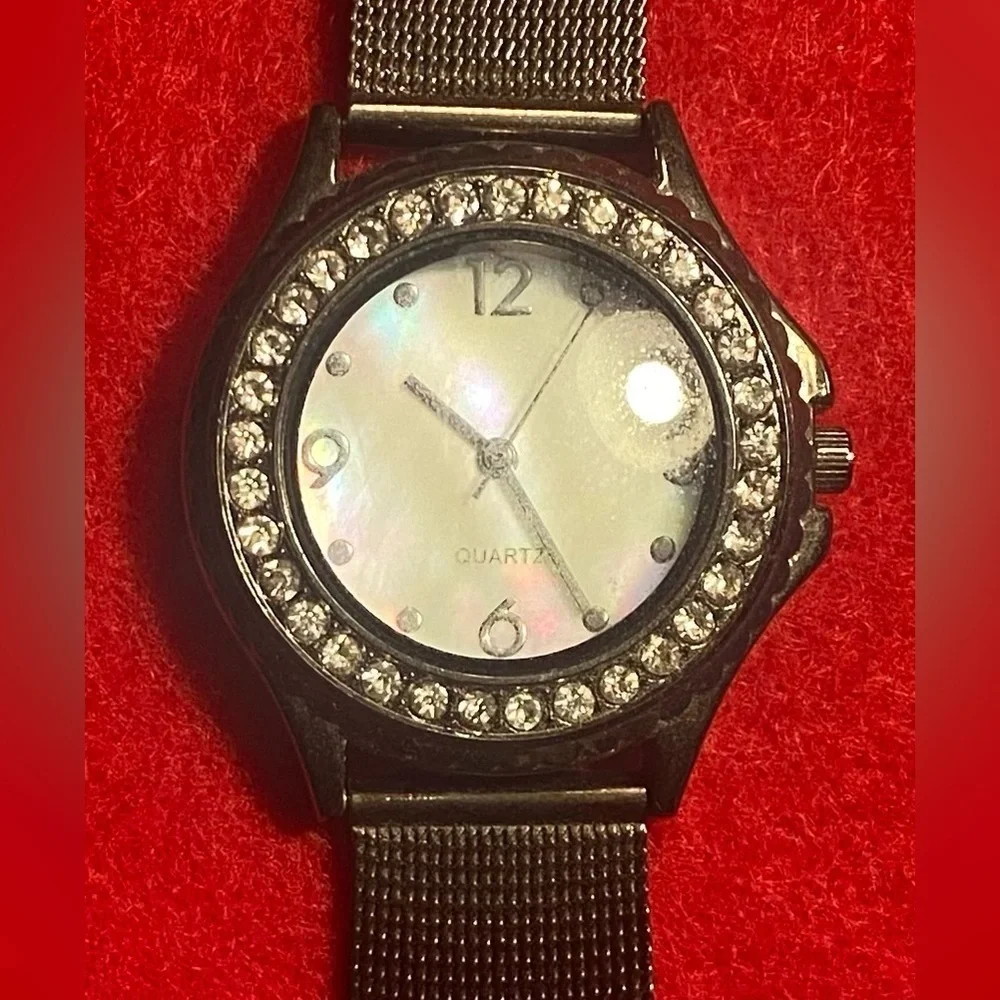 Watch Black Mesh Adjustable New Mother Of Pearl Like Face w/Rhinestones Vintage
